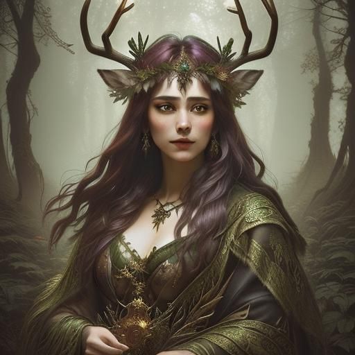 Antlered Faerie in Firelight: Digital Portrait