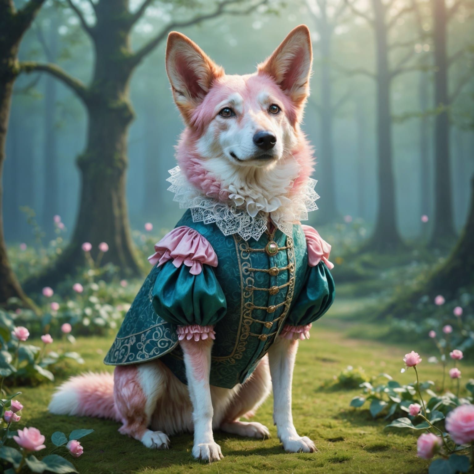 Pink Dingo in Elizabethan Ruff: Whimsical Digital Art