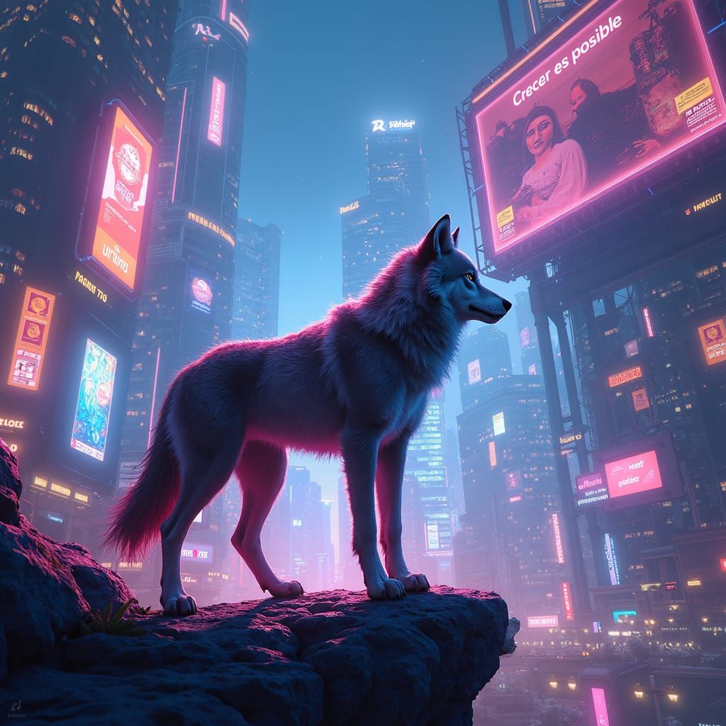 Futuristic Wolf in Neon Cityscape: Matte Painting Style