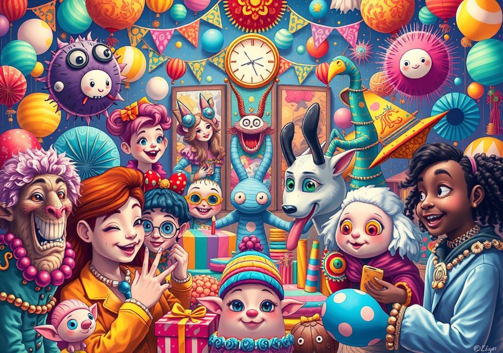 Whimsical Celebration Scene Inspired by Dali and Frank