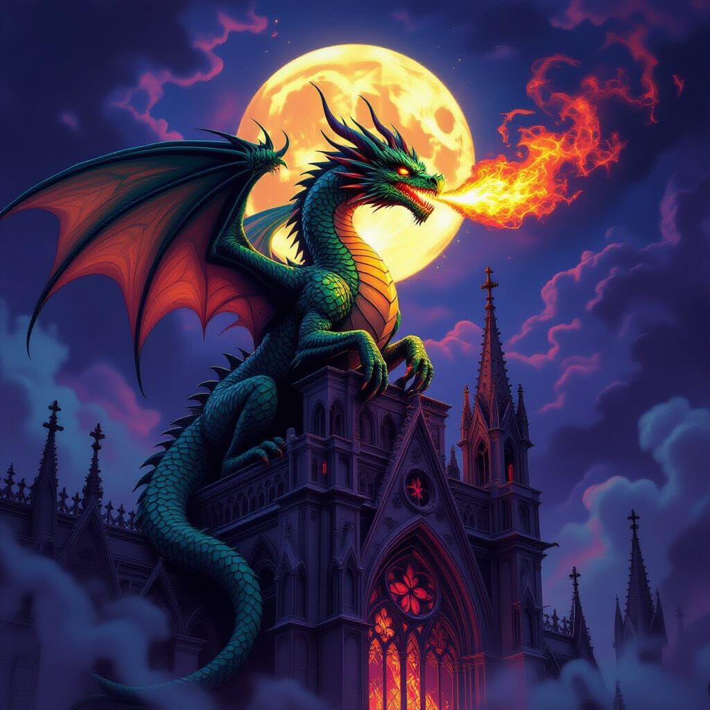 Dragon Breathing Fire Atop Gothic Cathedral