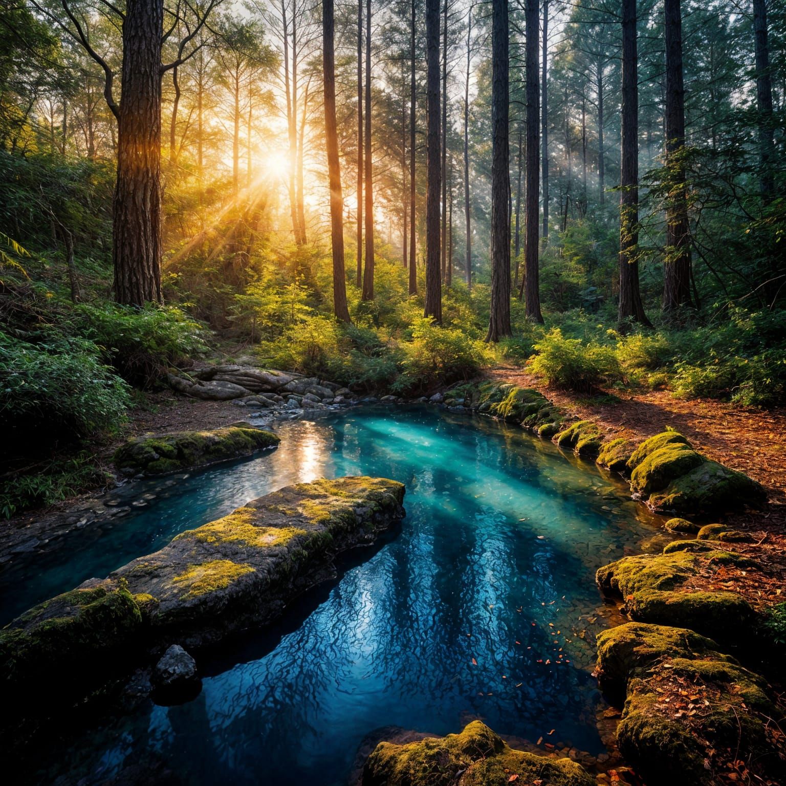 Moody Forest Glen With Reflective Pool and Sunset