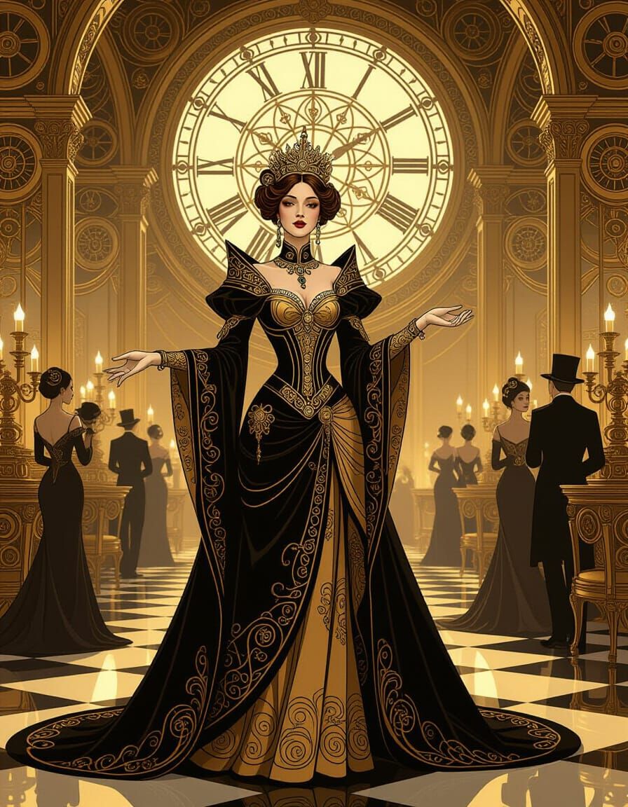Steampunk Queen in Brass Ballroom, Art Nouveau Style