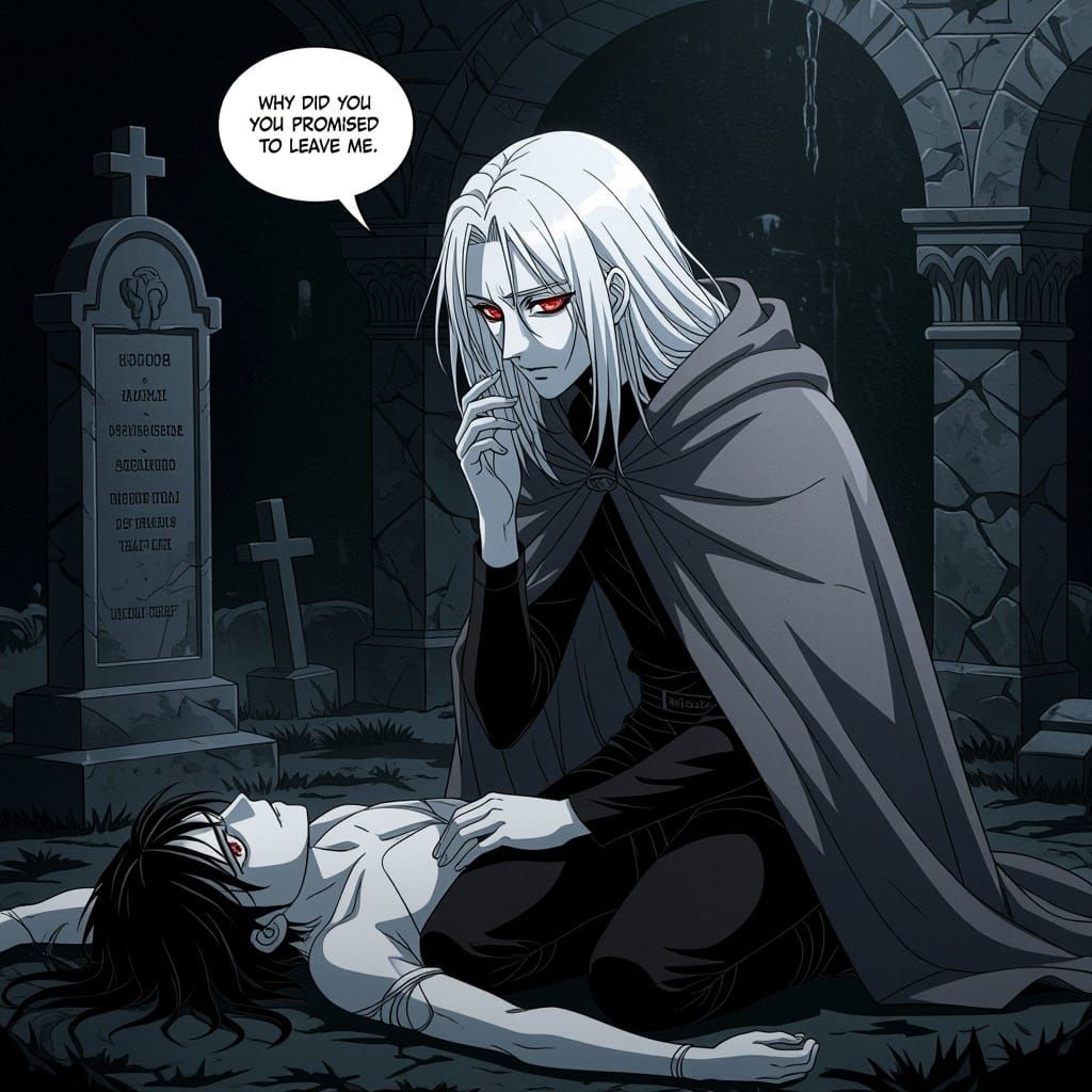 Grieving Man Kneels in Tomb, Monochromatic Manga Style