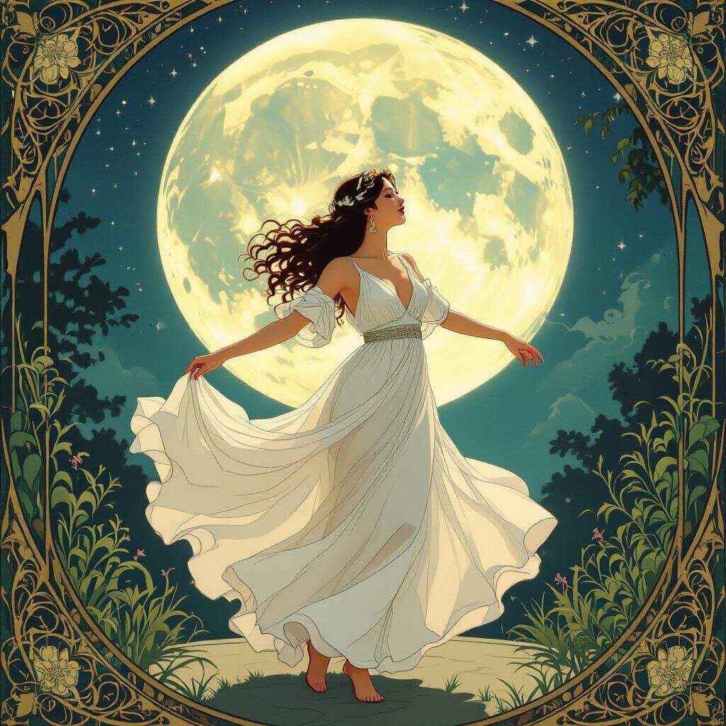 Woman Dancing Under Moon in Art Nouveau Style