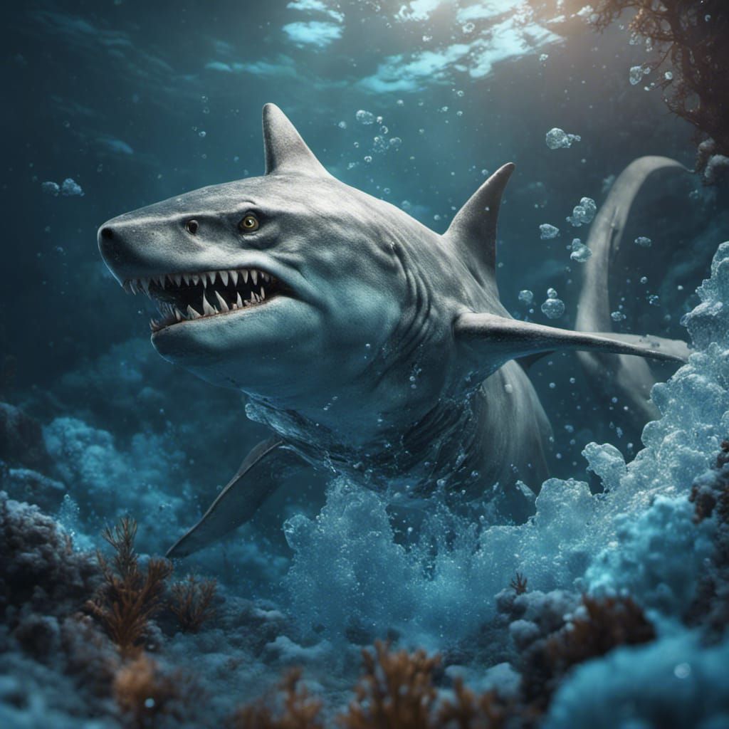 Underwater Wolf Shark with Ice: Detailed Digital Painting