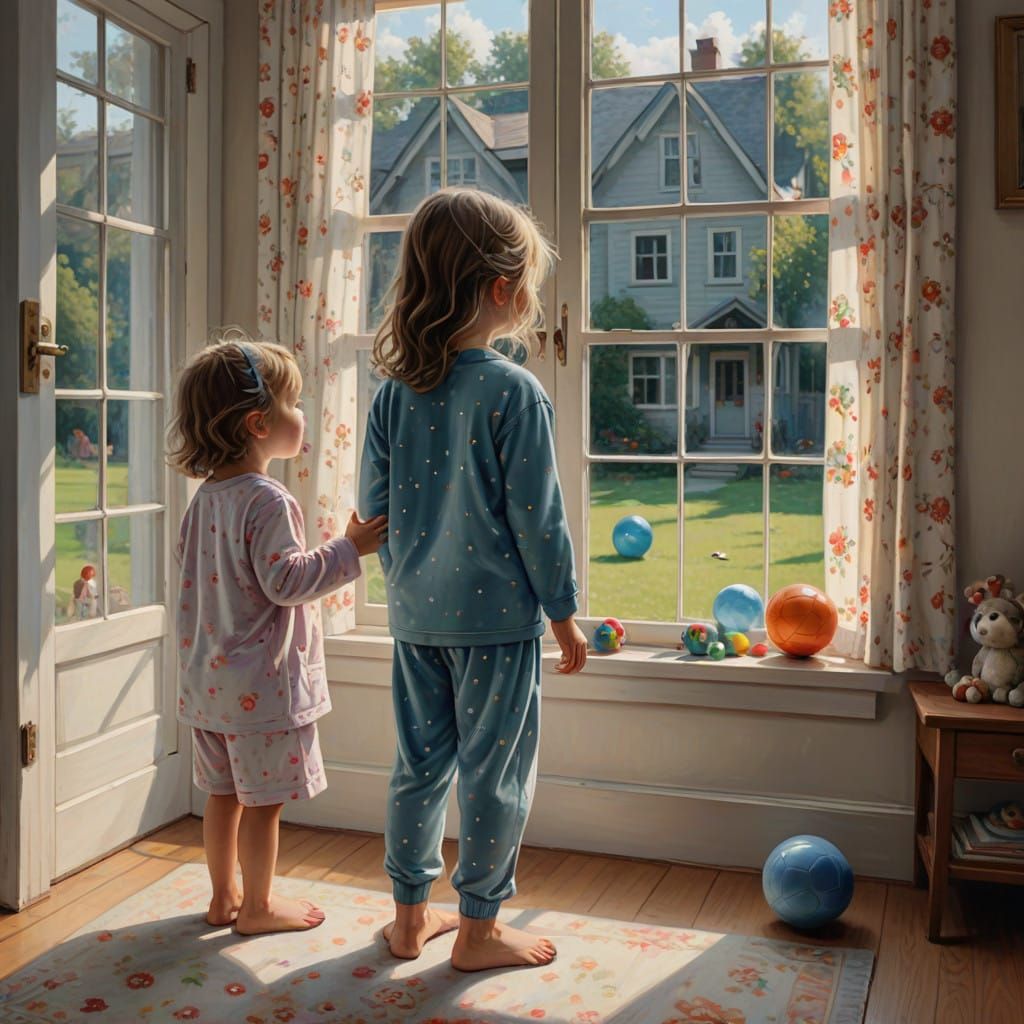 Lonely Girl Watches Children Play in the Pajamas