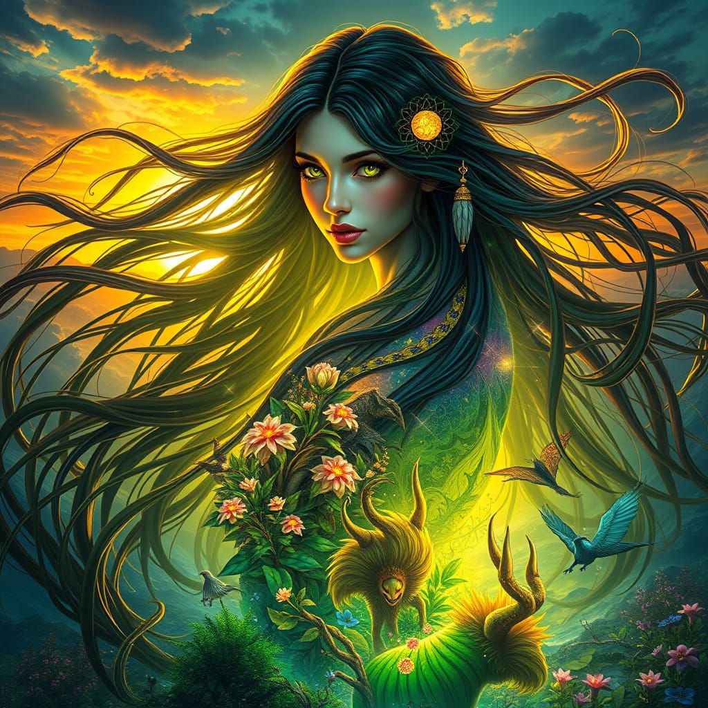 Mystical Green Eyes Woman in Dreamlike Sunset Storm