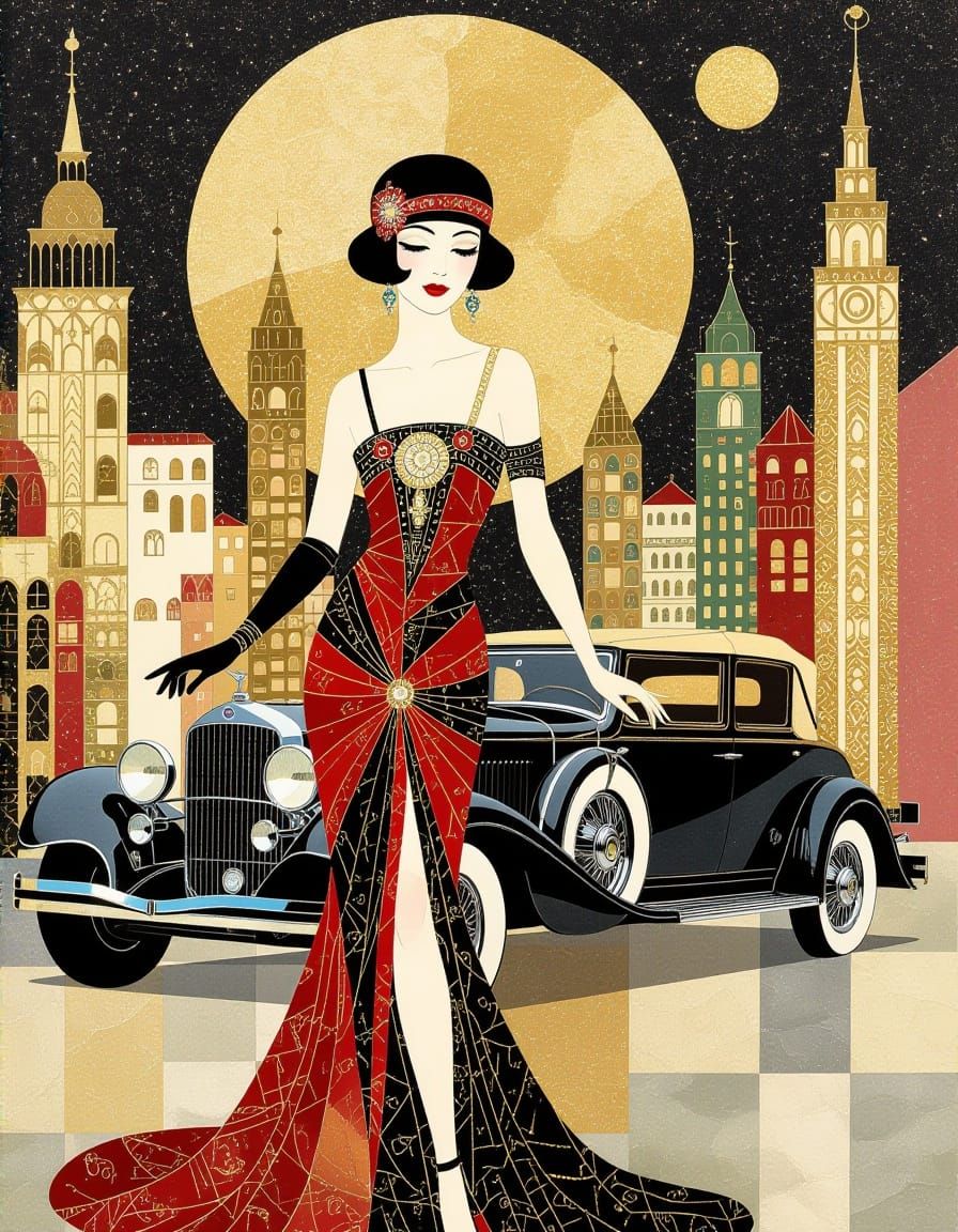 Art Deco Flapper Woman in Nostalgic Cityscape Collage
