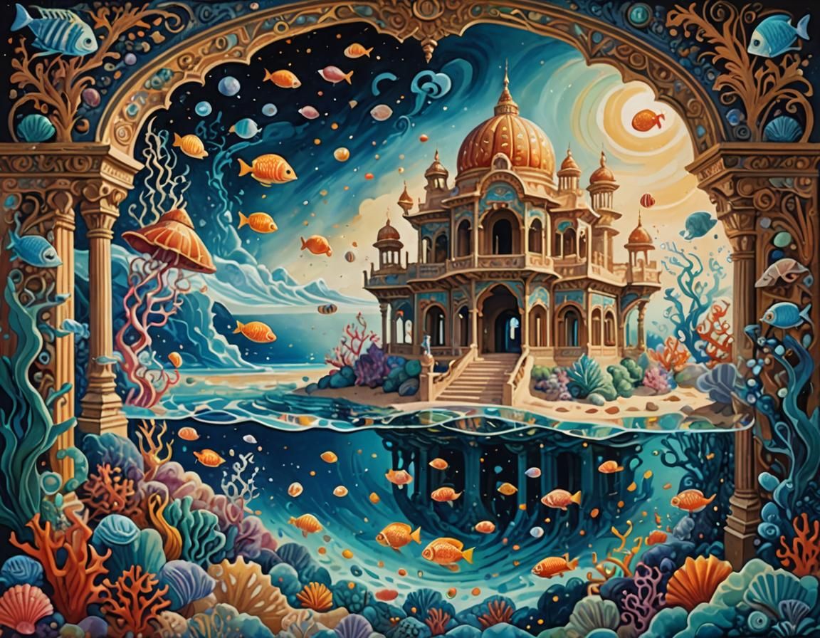 Underwater Sandcastle Palace in Cosmic Gouache Style