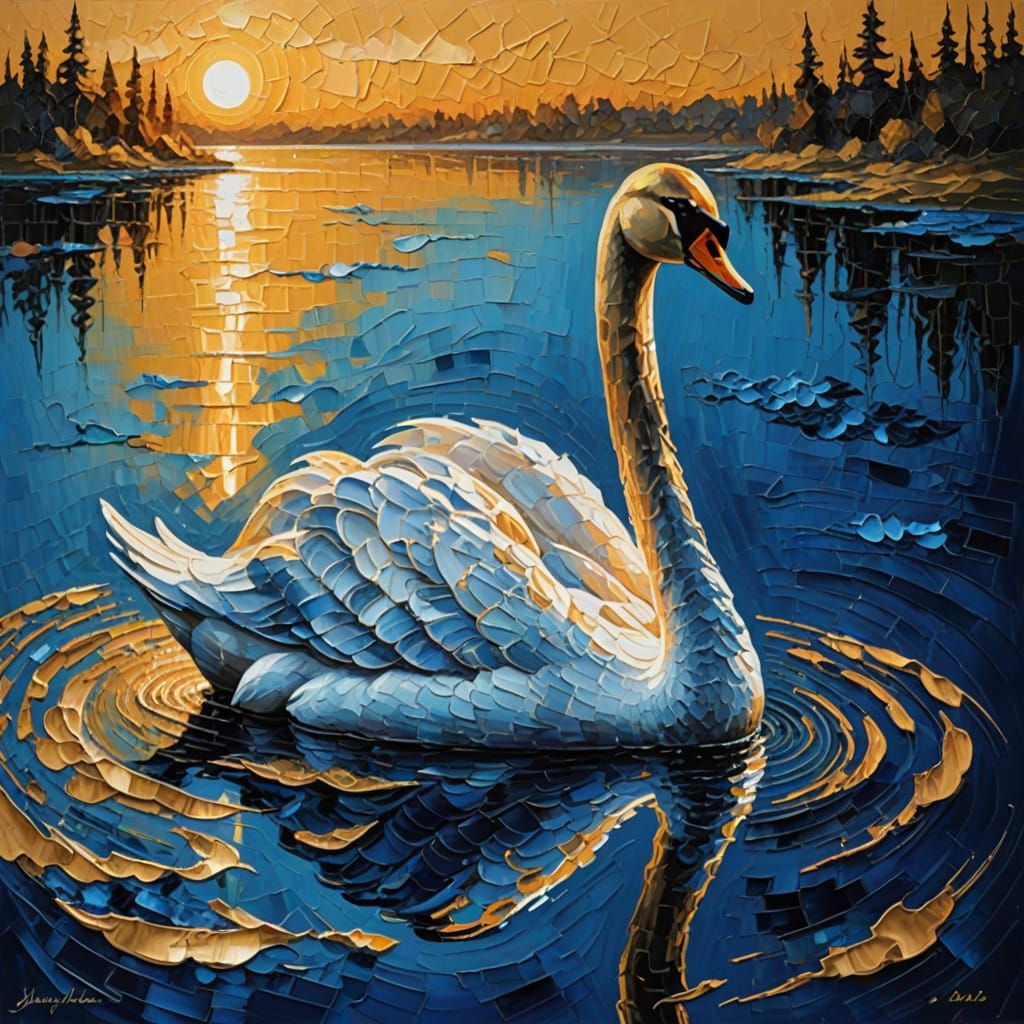 Impasto Golden Swan in Blue Lake