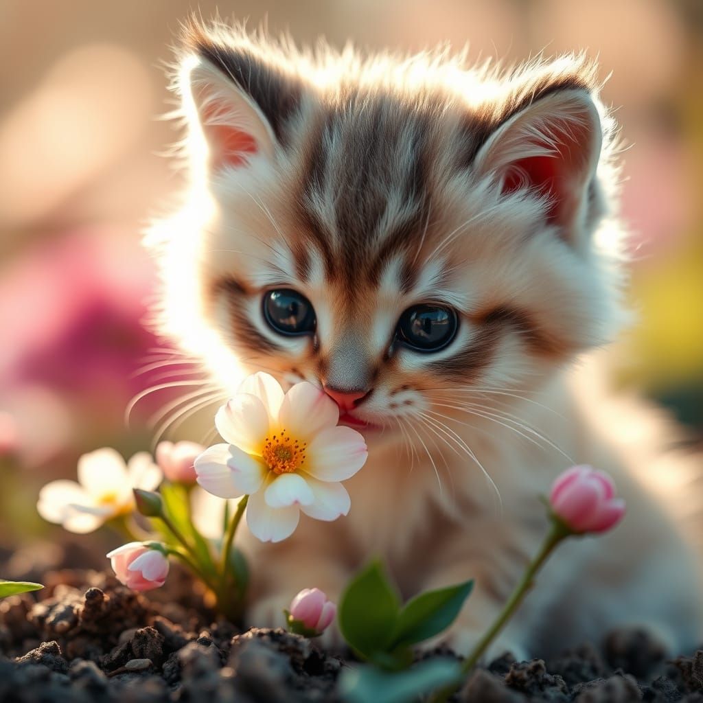 Whimsical Spring Kitten in Bloom