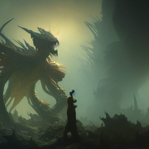 Dark Fantasy Creature in Purple and Yellow