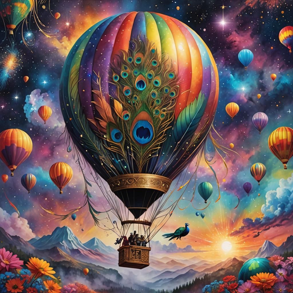 Peacock Feathered Balloon Soaring Through Cosmos