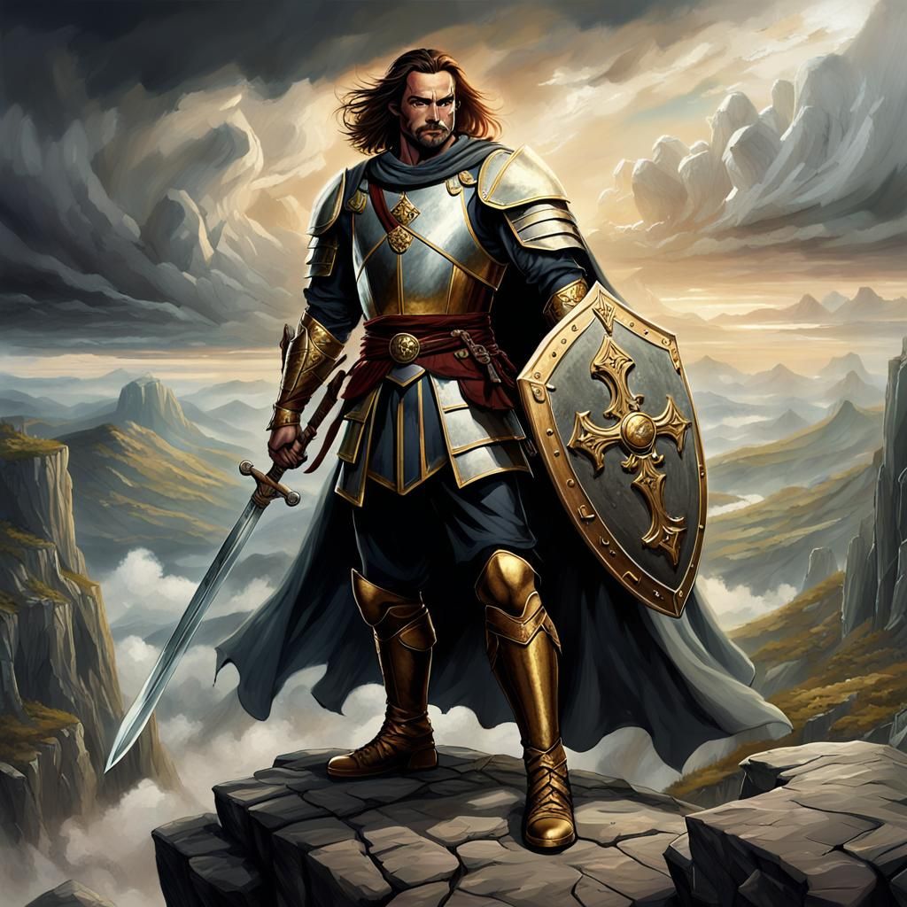 Heroic Cavalier on Cliff in High Fantasy Illustration