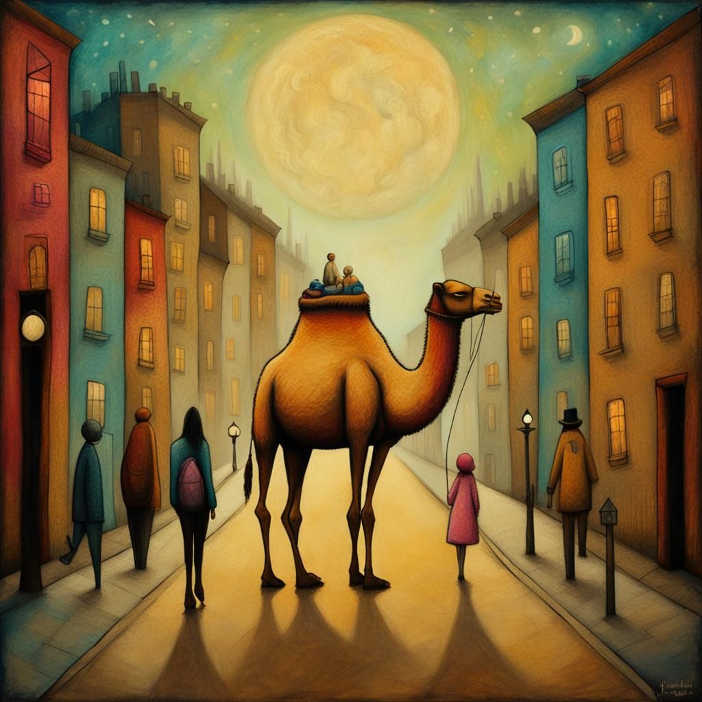 Camel walking down the street