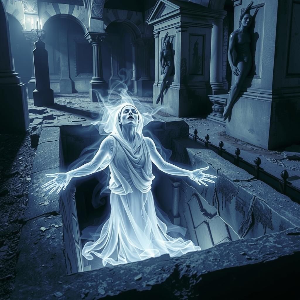 Ethereal Ghost Emerges from Crypt in Gothic Sepia