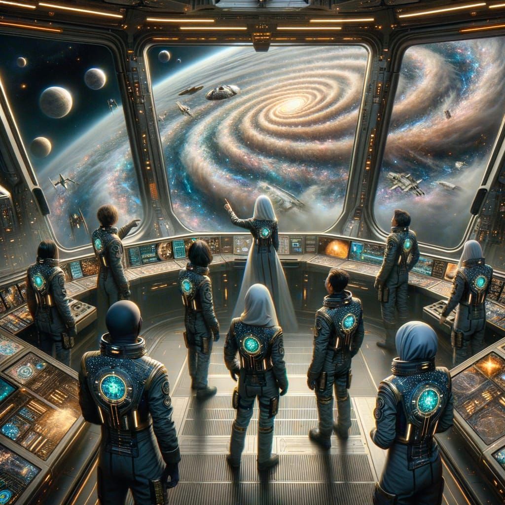 Explorers on a Spaceship Bridge Discover New Galaxy