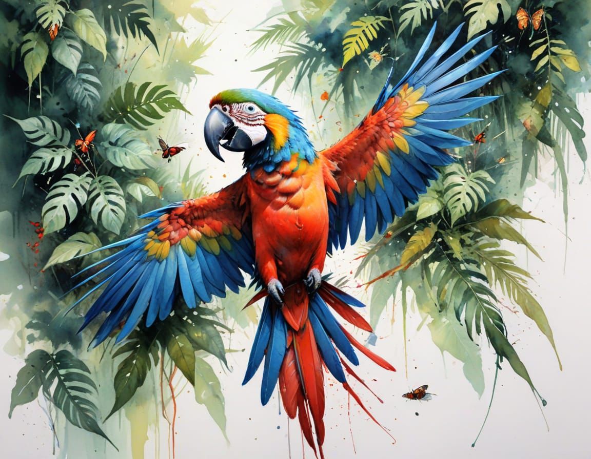 Macaw Emerges from Rainforest Canopy in Watercolor