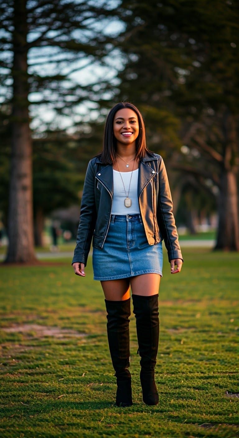 American woman in casual wear and over-the-knee boots