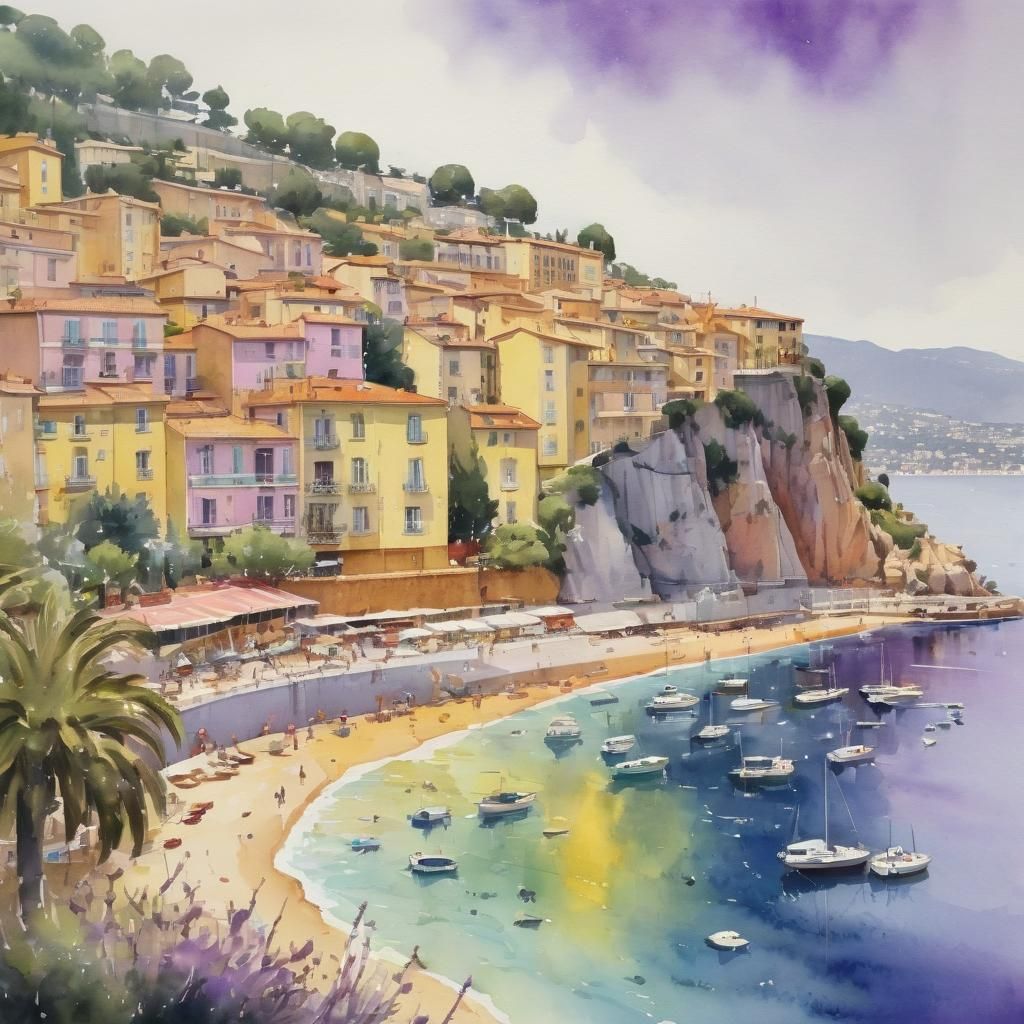 French Riviera Watercolor Painting with Purple and Yellow