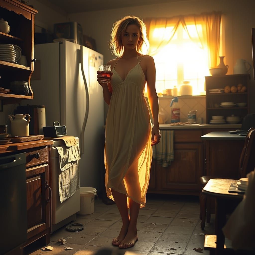 Woman in Kitchen: German Expressionist Sunrise