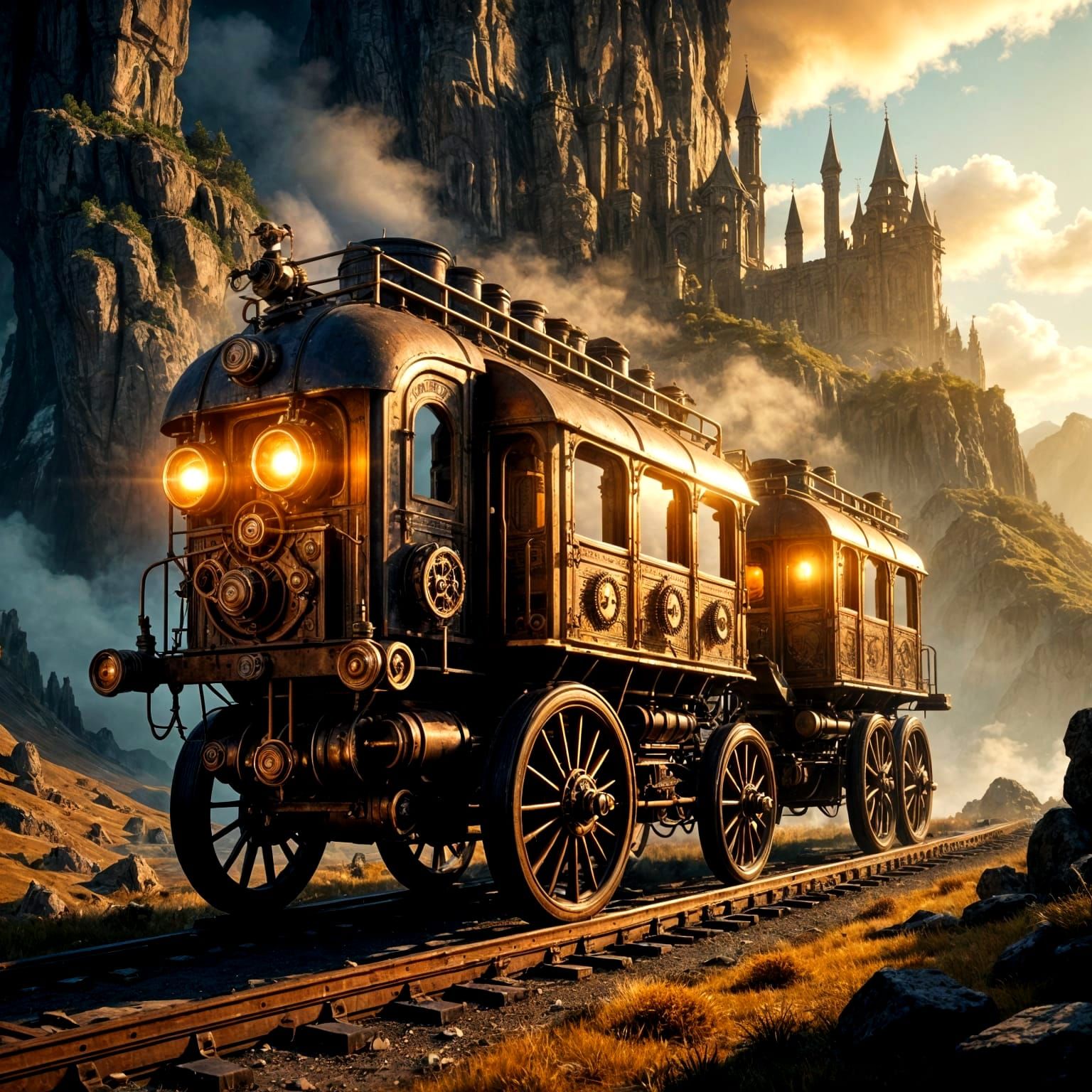 Steampunk Wagons Ascend Mountain at Sunset