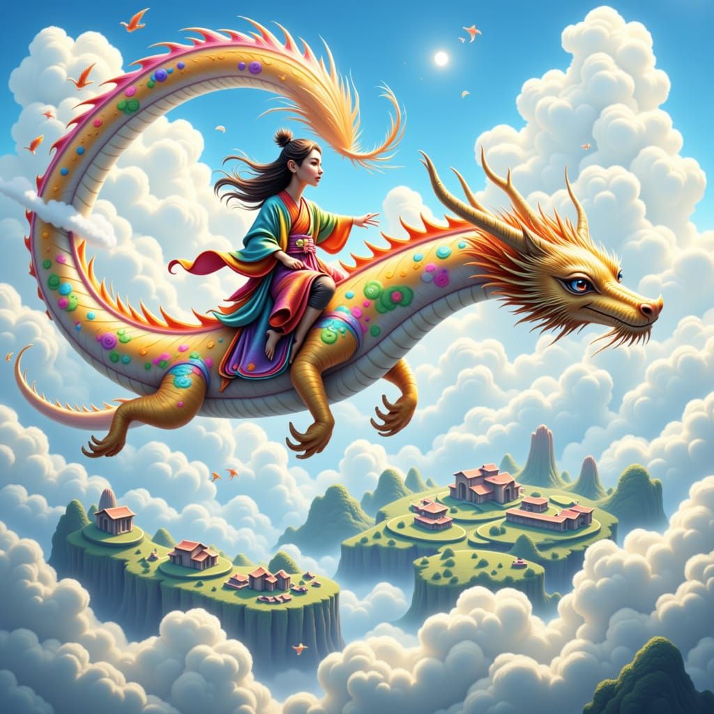 Dragon Rider Soaring Above Village, Dreamy Aesthetic