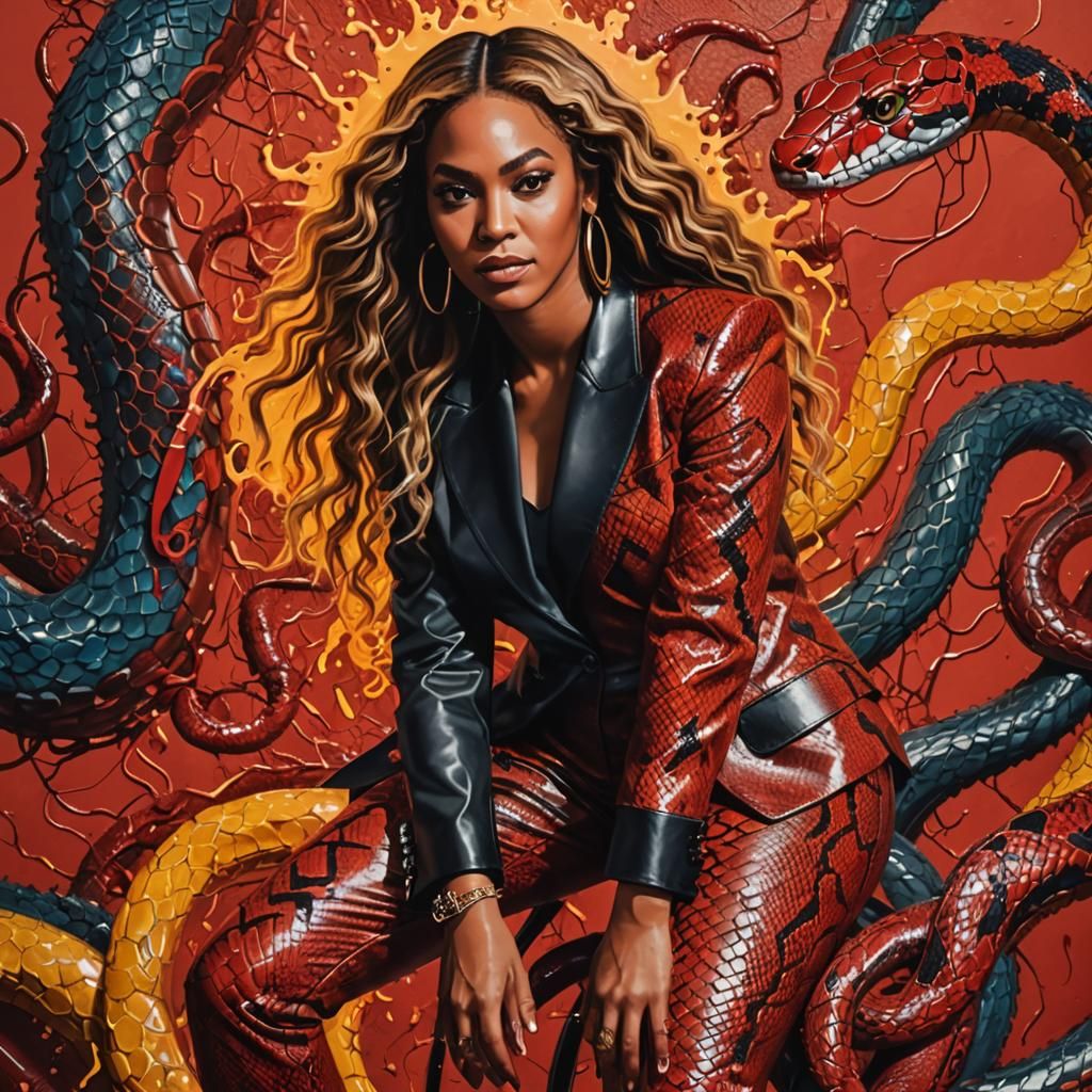 Beyonce in Red Snake Leather Suit, Hyperrealistic Art