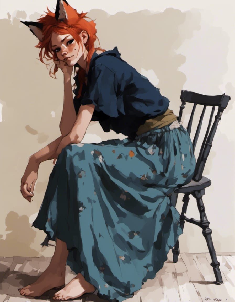 Fox-girl VIXEN Sitting in a wooden chair, thinking.