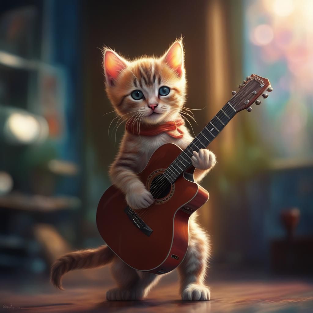 Hyperrealistic Kitten Plays Guitar with Splash Art Detail