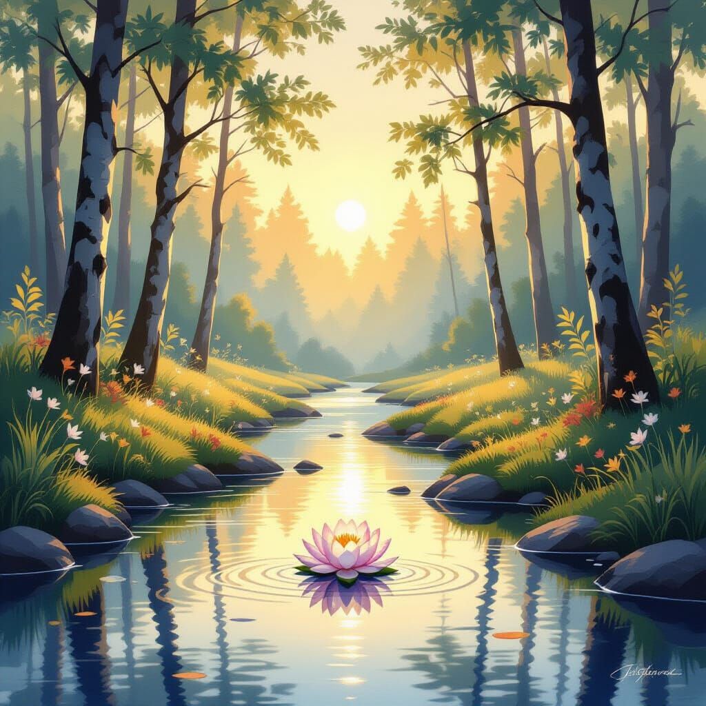 Forest Clearing at Dawn with Lotus Flower