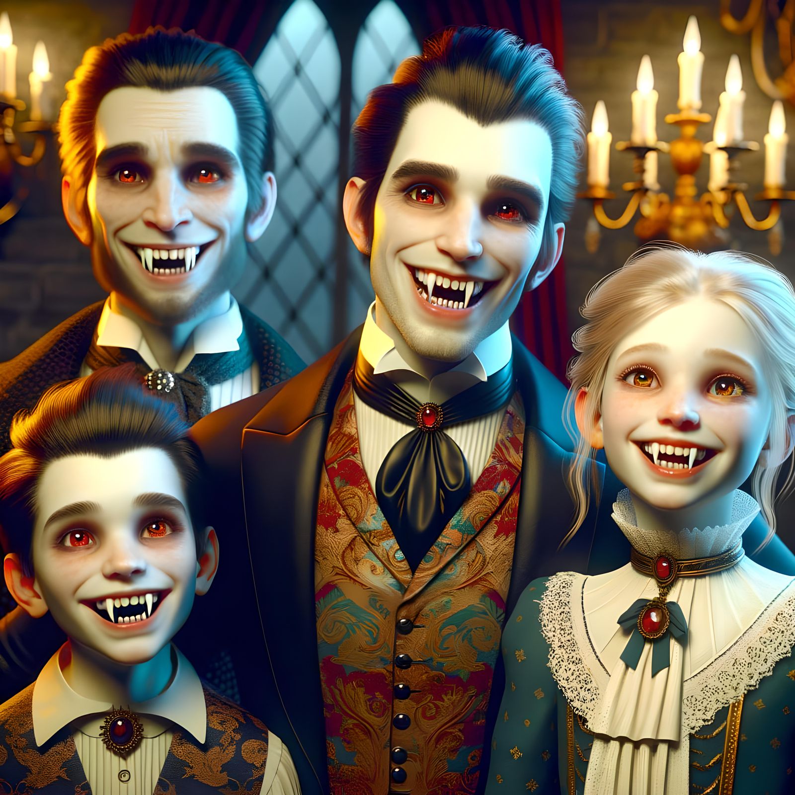 Joyful Vampire Family in Gothic Castle