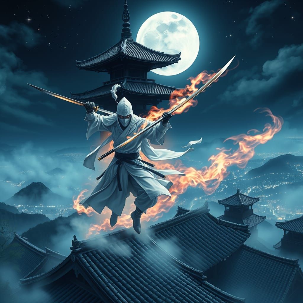 Ninja Ascends the Misty Mountain in Ethereal Flames