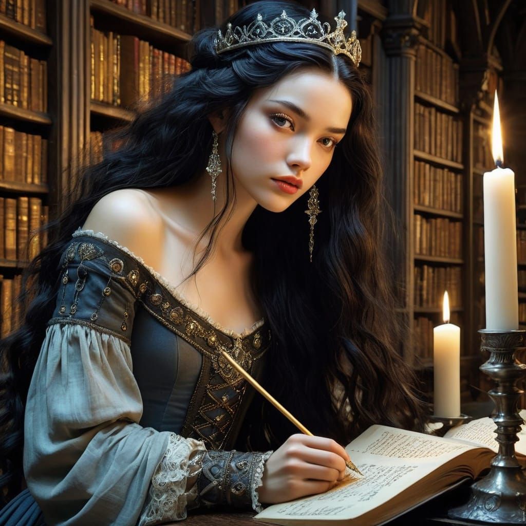 Enchanting Medieval Princess in Whimsical Candlelit Study