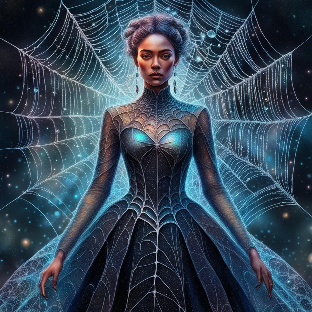Cosmic Spiderweb Lady: Holographic Astral Illustration