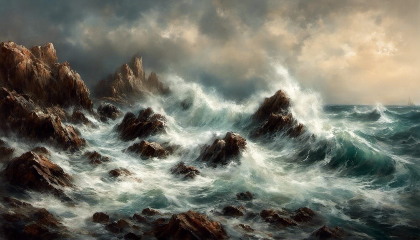 Waves Crashing on Rocks in Macabre Style