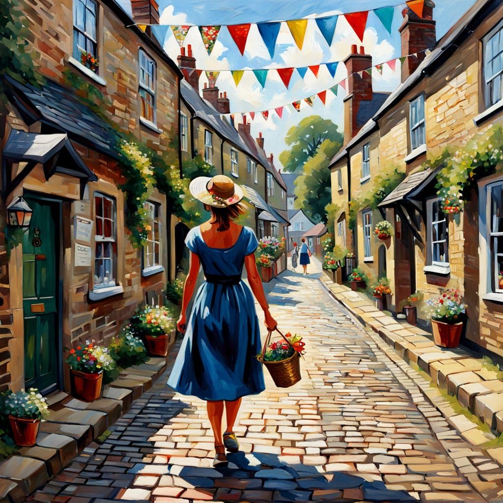 Woman Walks Down Village Street in Oil Painting