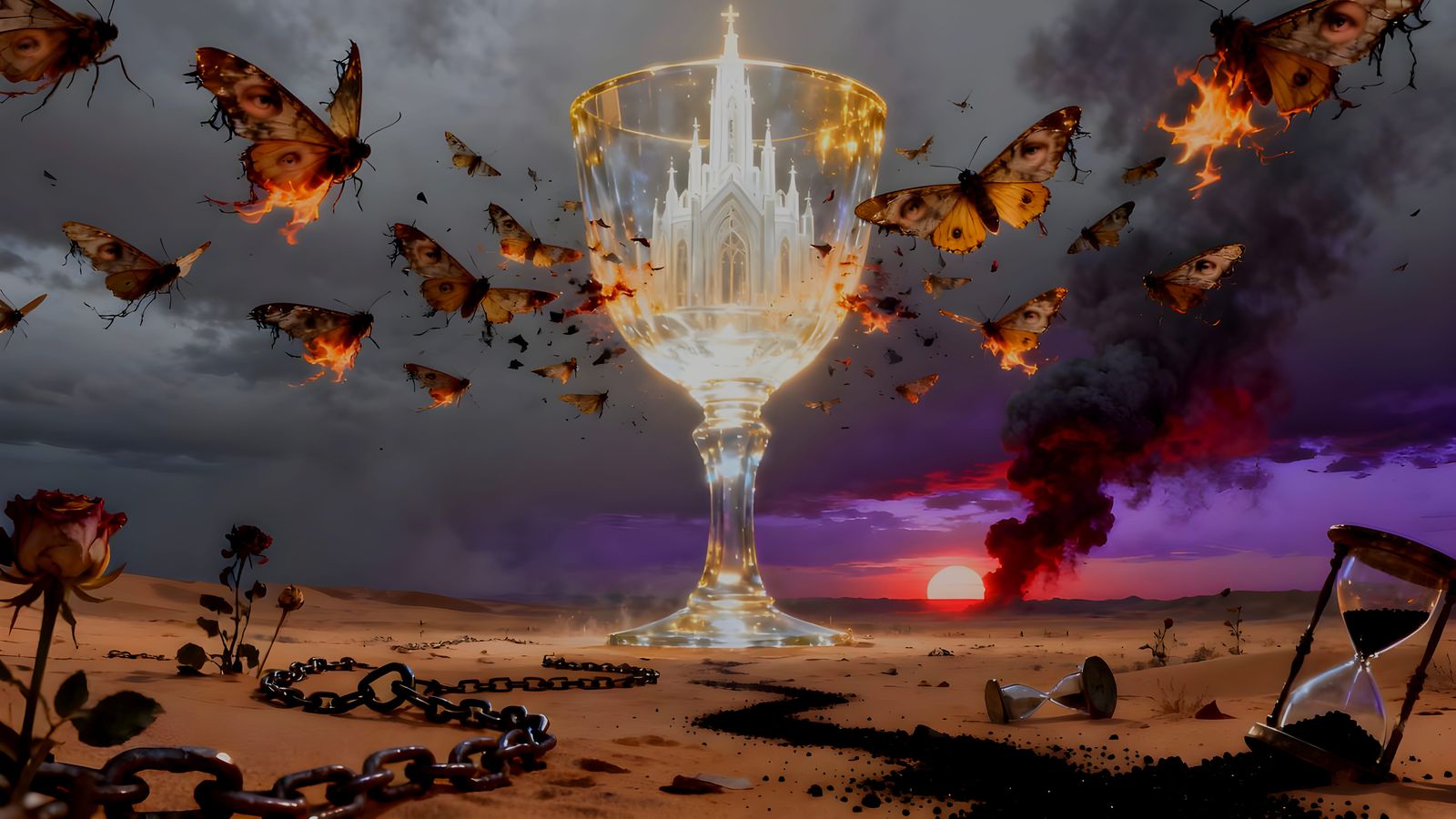 Colossal Glowing Chalice and Swarming Moths in Surreal Deser...