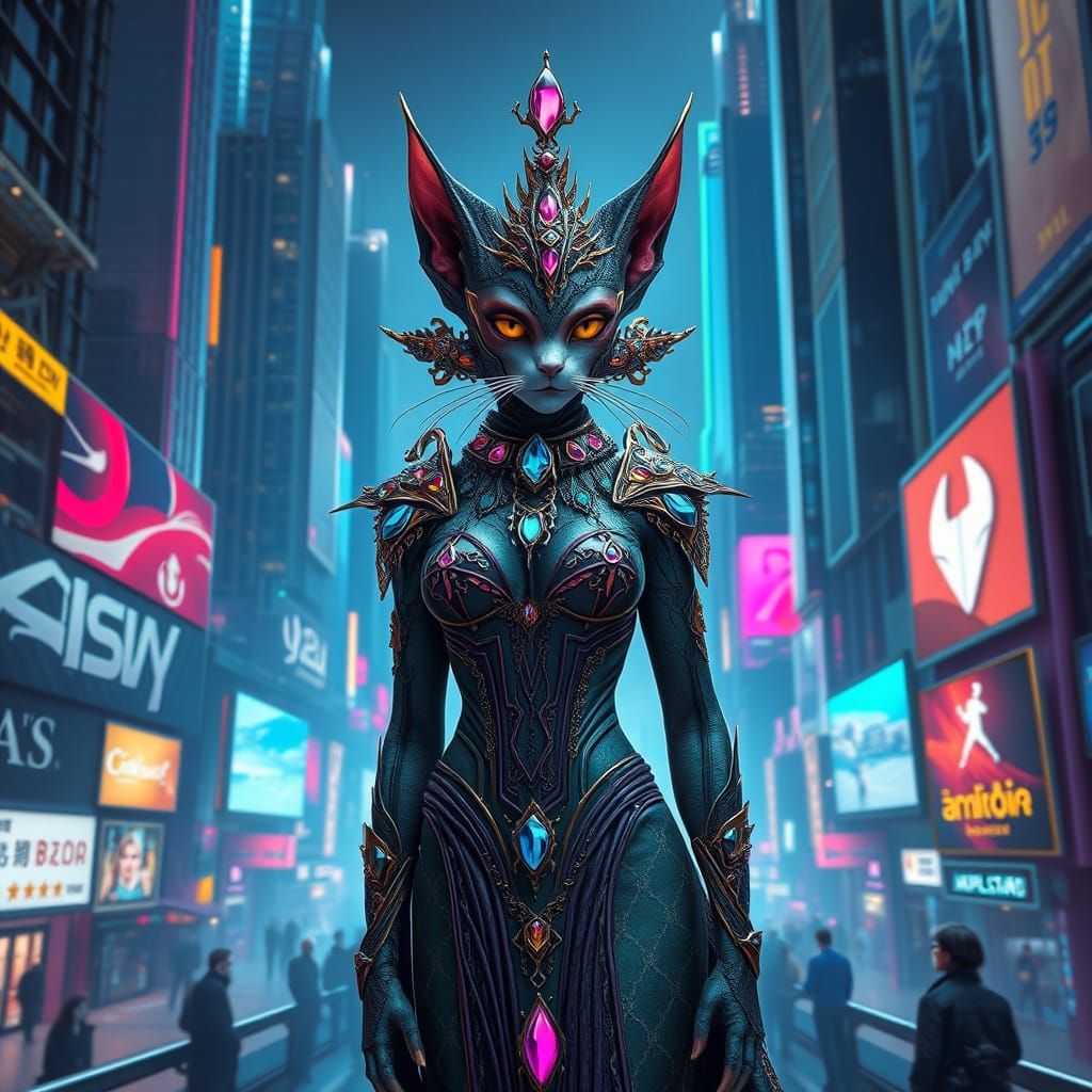 Alien Feline Queen in Cyberpunk Cityscape