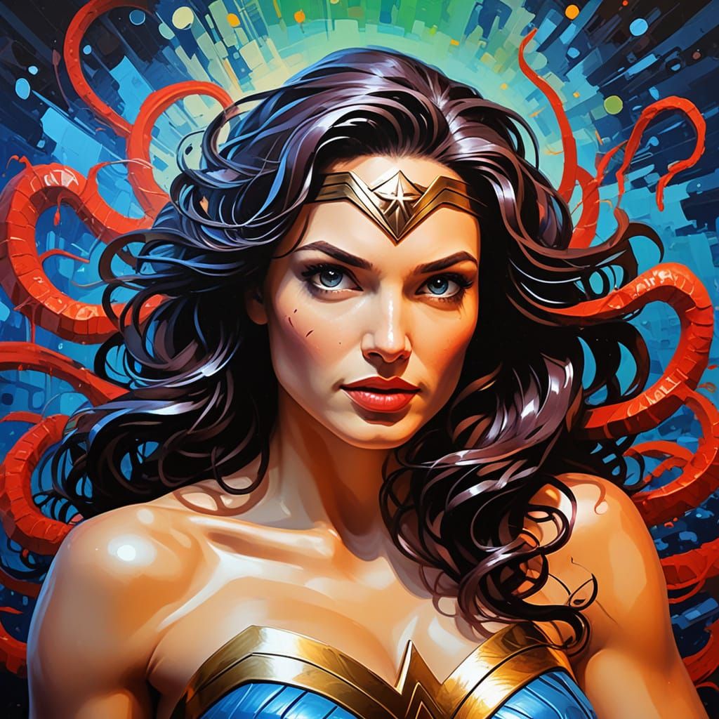 Wonder Woman Battles Cthulhu in a Neon-Lit Street Art Master...