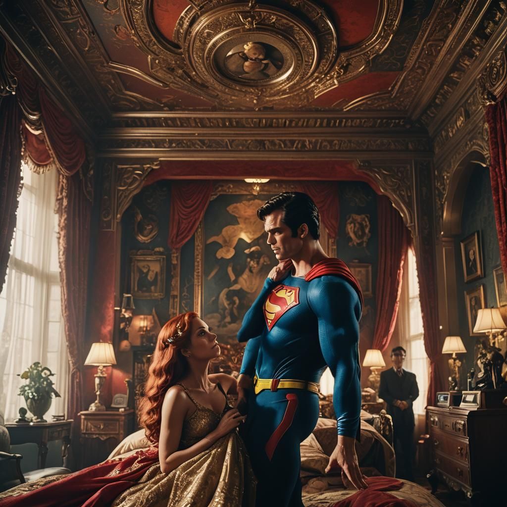 Superman and Redhead in Ornate Bedroom, Cinematic Still