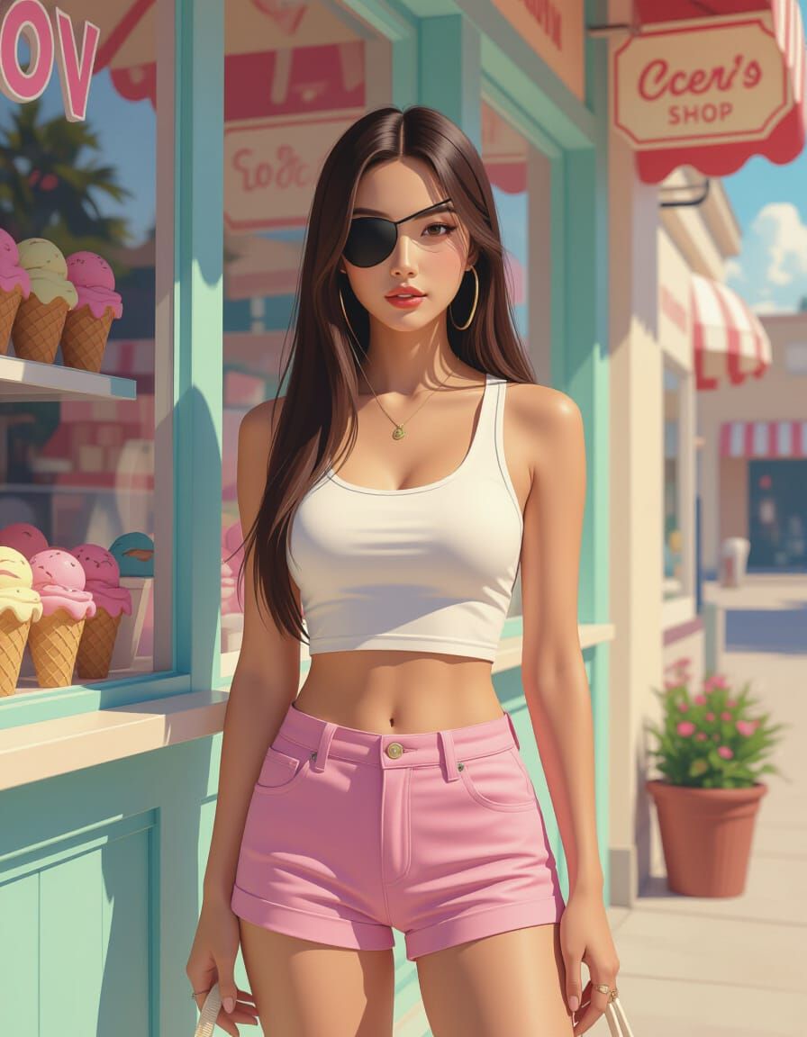 Eye-patch Woman at Ice Cream Shop, Digital Painting