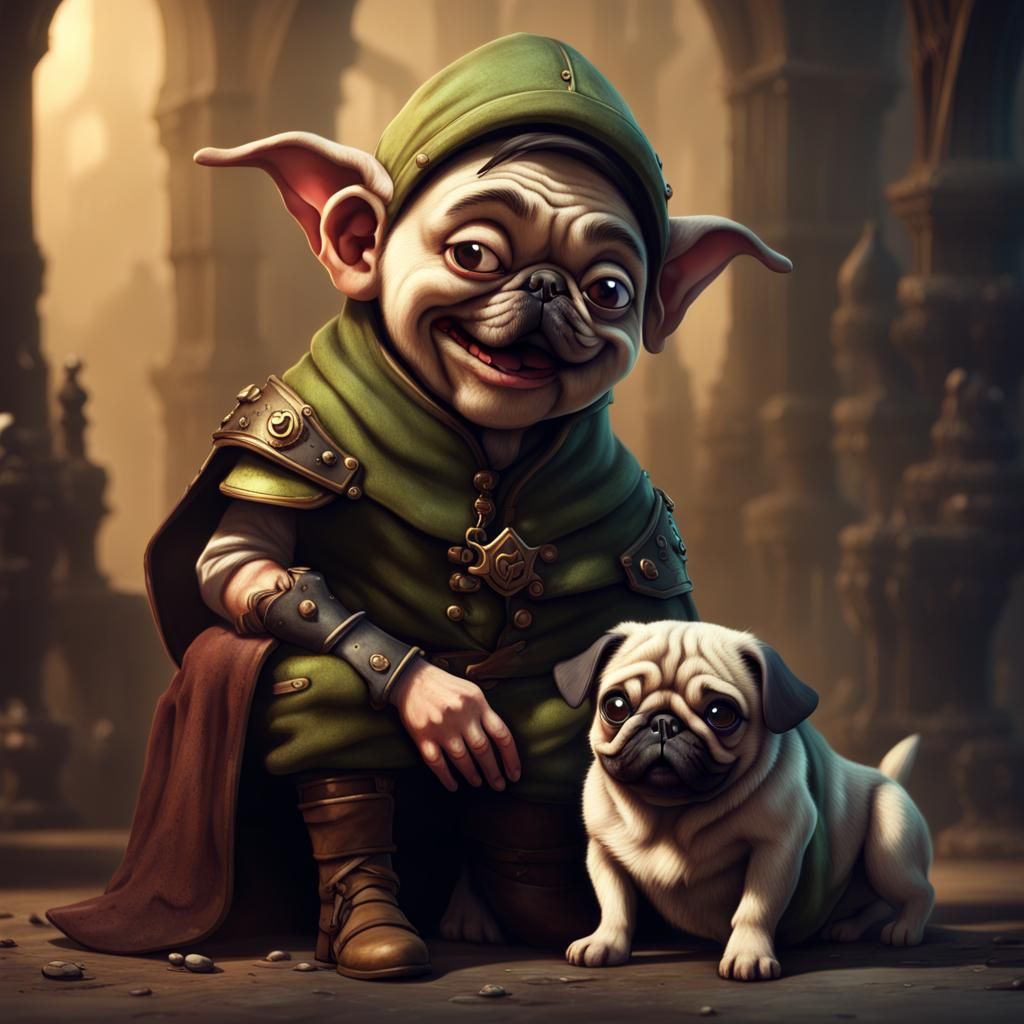 Goblin Affectionately Petting His Pug Dog