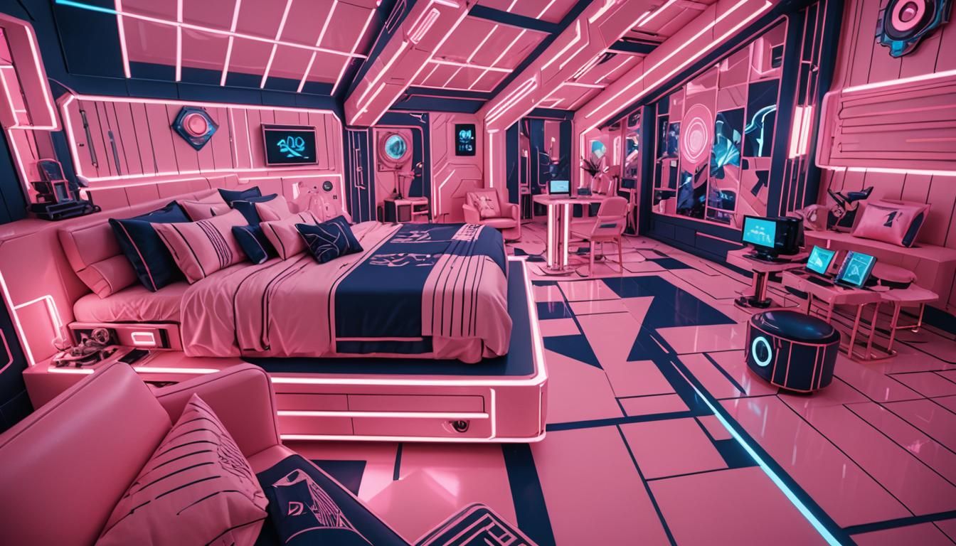 Cyberpunk Art Deco Bedroom with Neon Lights
