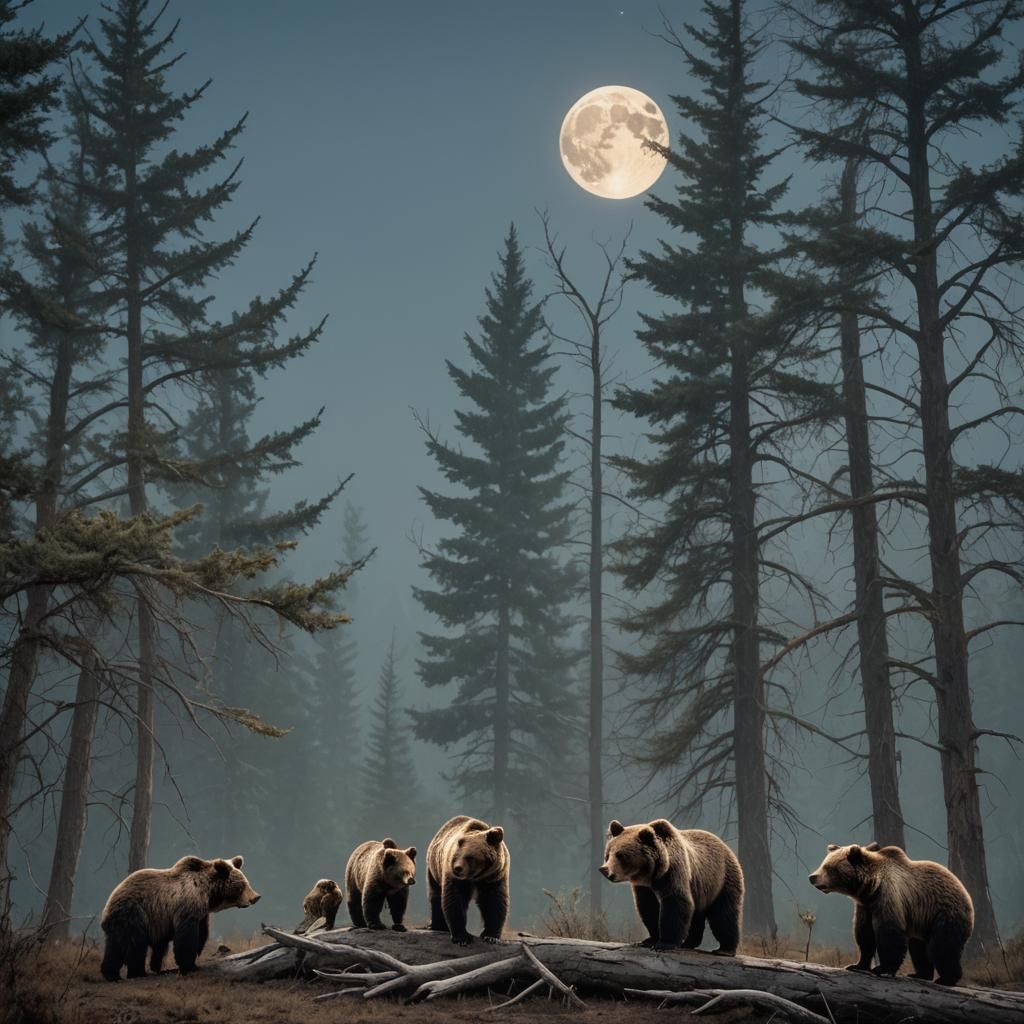 Surrealist Wildlife: Grizzly Bear Family Under Moonlight