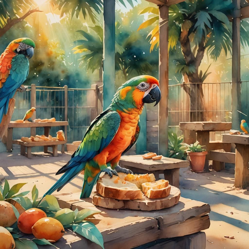 Parrot Eats Bread in Sunny Zoo: Watercolor Art