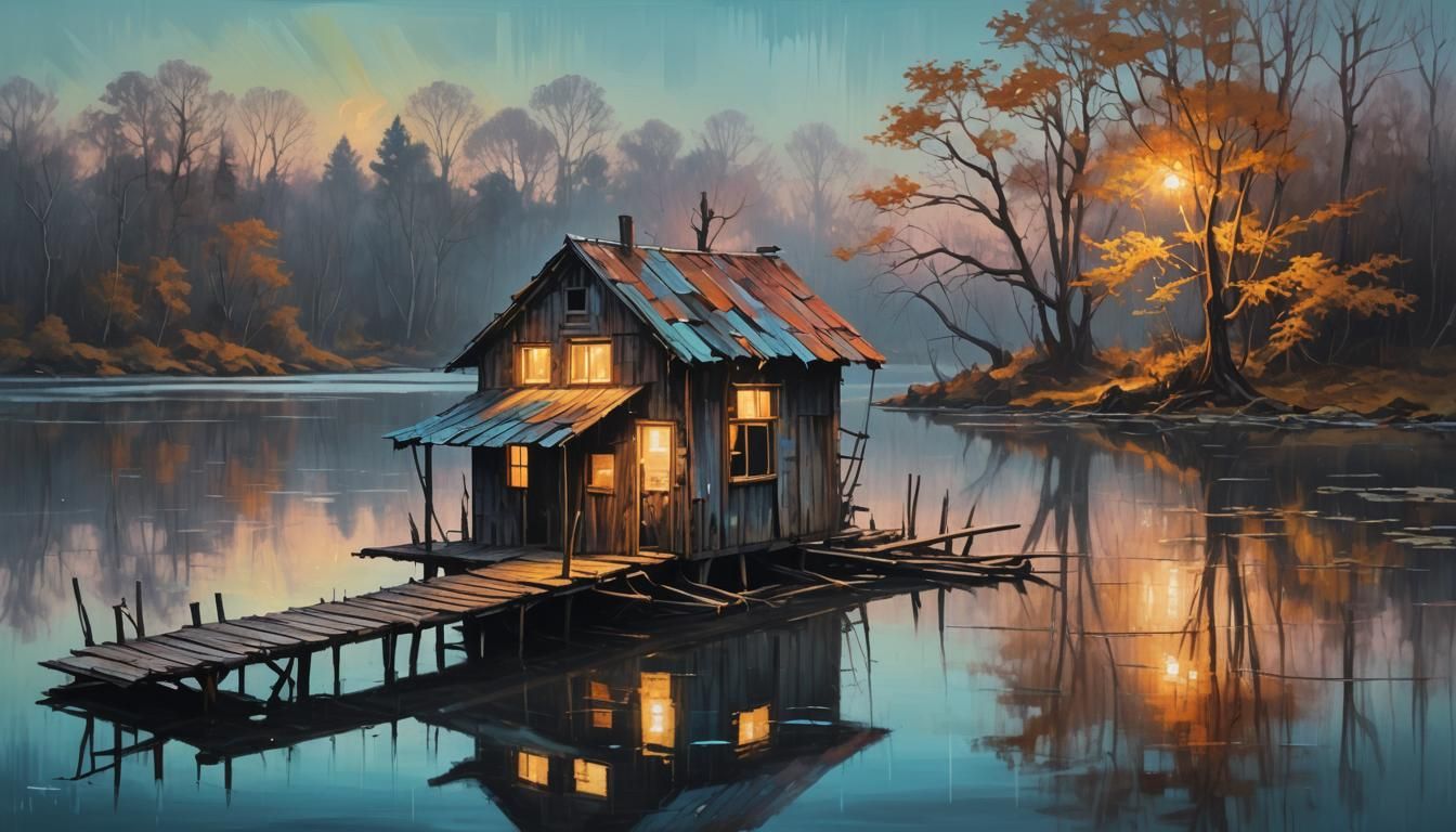 Neon Surrealism: Shack on Island in Oil Paint