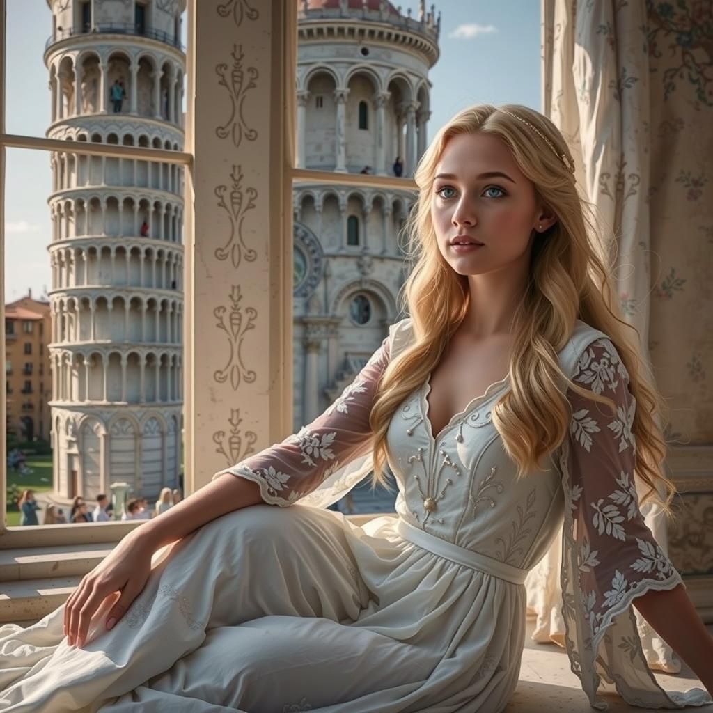 Blonde Princess Gazing at Pisa in Hyperrealistic Style