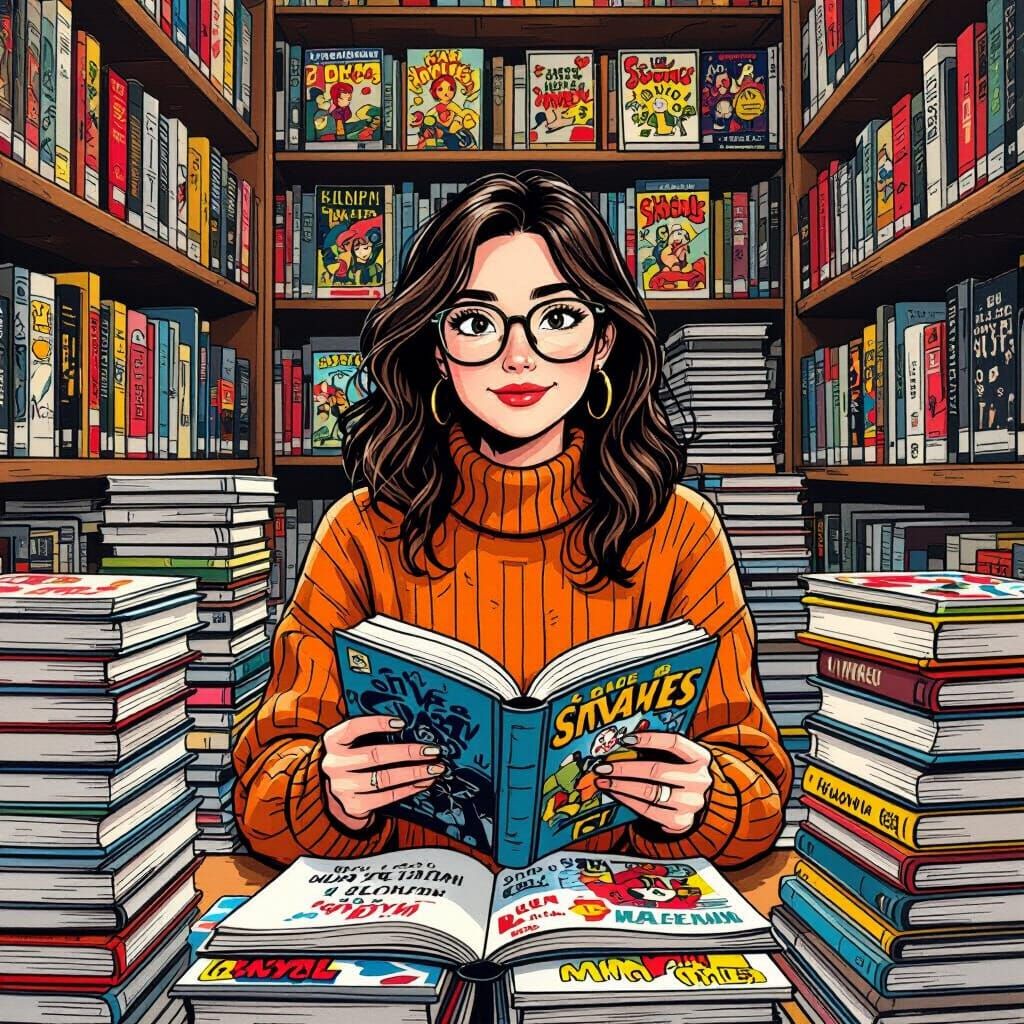 Woman Surrounded by Comics in Whimsical Illustration Style
